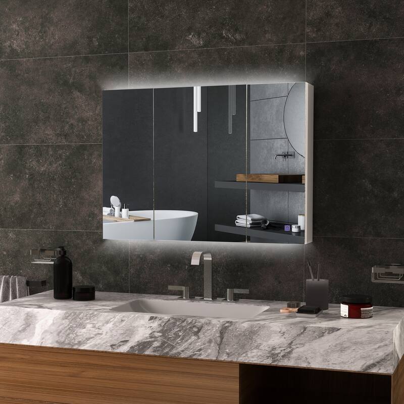 White Wall-Mounted Bathroom Mirror Cabinet with LED Lights and Adjustable Shelves Touch Control - 35.5" W x 6" D x 25.5" H