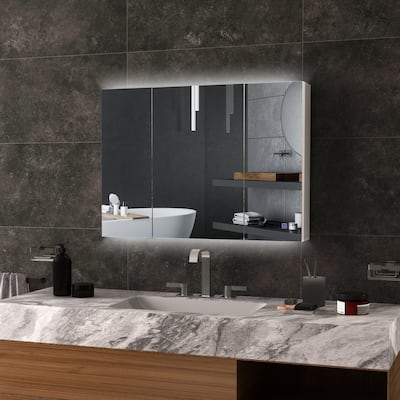 White Wall-Mounted Bathroom Mirror Cabinet with LED Lights and Adjustable Shelves Touch Control - 35.5" W x 6" D x 25.5" H
