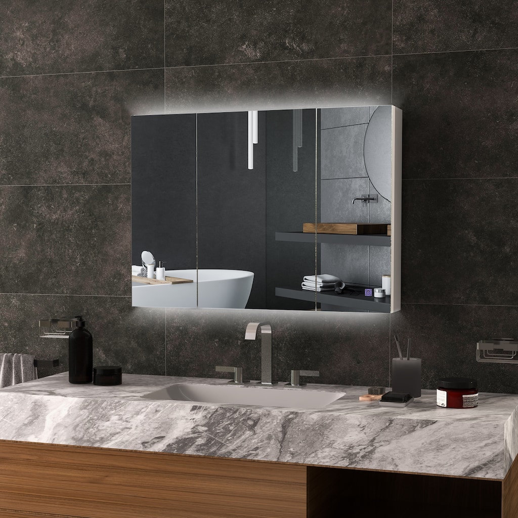 White Wall-Mounted Bathroom Mirror Cabinet with LED Lights and Adjustable Shelves Touch Control - 35.5" W x 6" D x 25.5" H