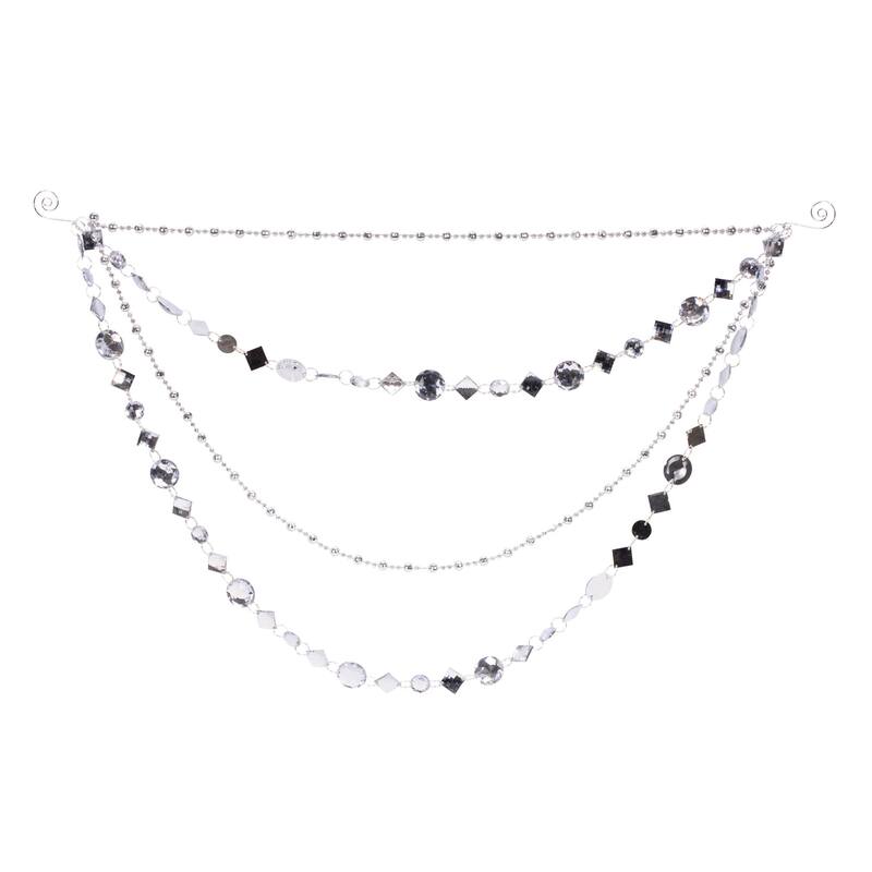 Set of 2 Silver Jewel Bead & Chain-Link Garlands 40” Metallic Holiday Decor for Trees - 20” L x 13” W x 0.05” H - Silver