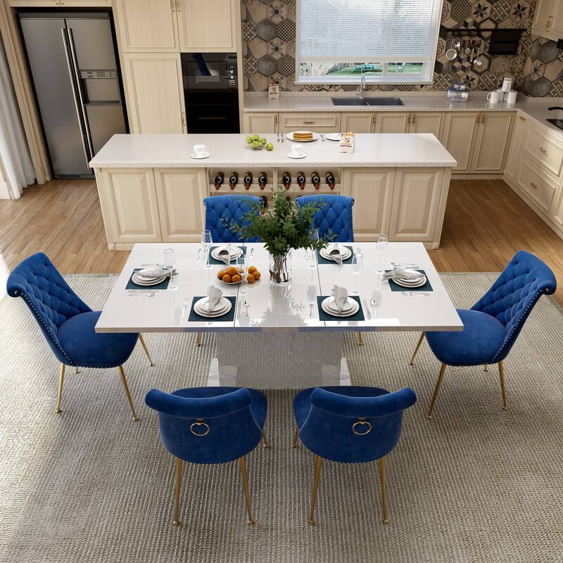 7-Piece Clihome High-gloss Extendable Table Velvet Chair Dining Set