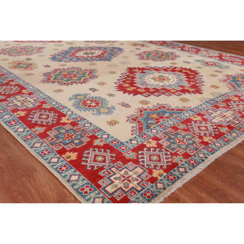 Hand Knotted Oriental 100% Wool Carpet Traditional Geometric Beige & Ivories Kazak Area Rug - 11' 0'' X 7' 9''