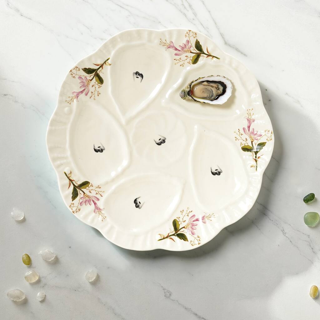 Vintage Reproduction Scalloped Stoneware Oyster Plate with Floral Design - 8.5"L x 8.5"W x 1.0"H