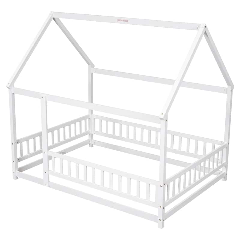 Full Pine Floor Bed with Roof Frame and Fence Guardrails