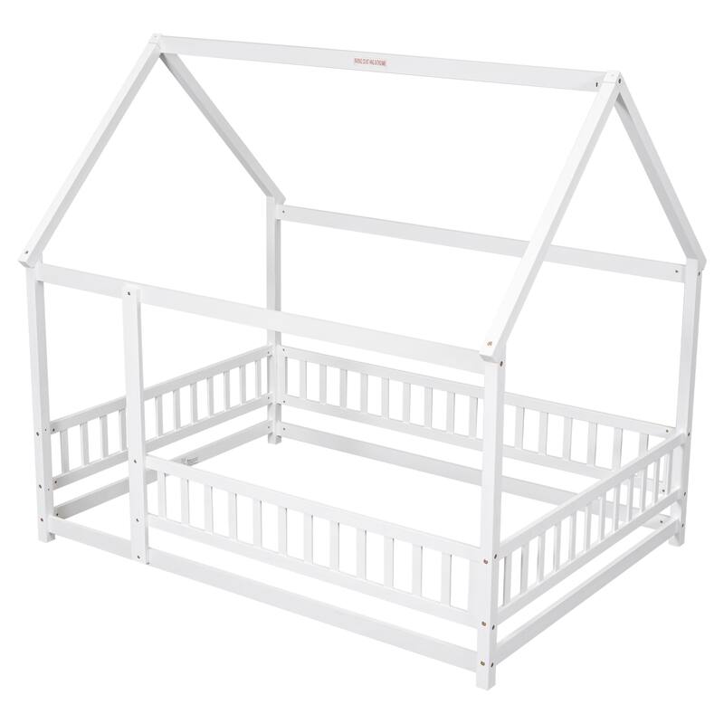 Full Size Wooden Floor Bed with House Roof Frame, Fence Guardrails for Kids, Bedroom