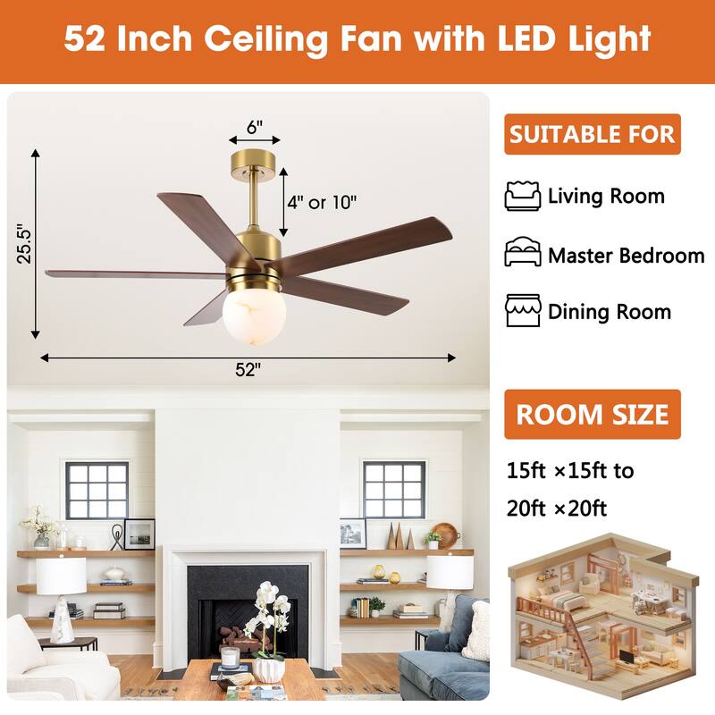 52" Modern Globe Frosted Glass Gold Dimmable Ceiling Fan with Light and Remote
