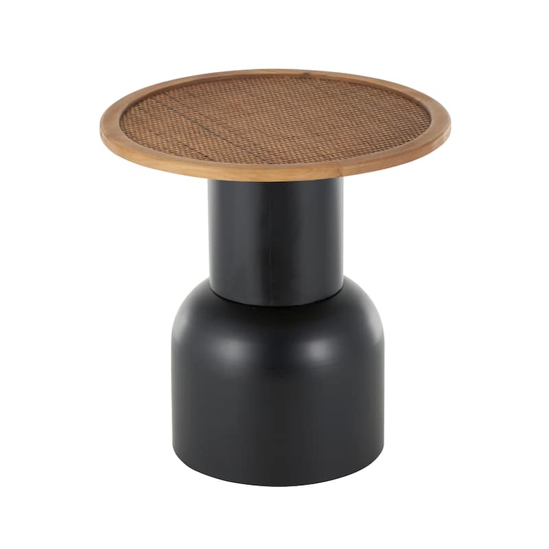 Black Metal Handmade Pedestal Side End Accent Table with Brown Rattan Tabletop