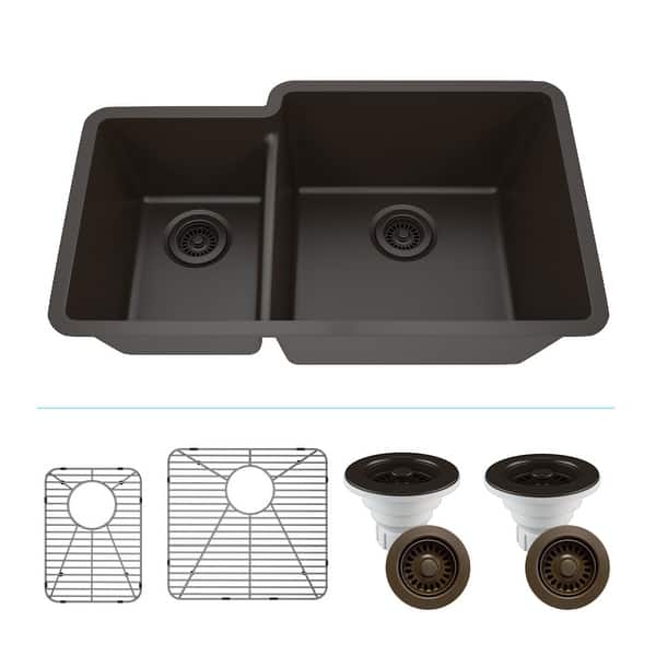 slide 2 of 12, Lexicon Platinum Quartz 40/60 Double Bowl Kitchen Sink Galaxy Mocha