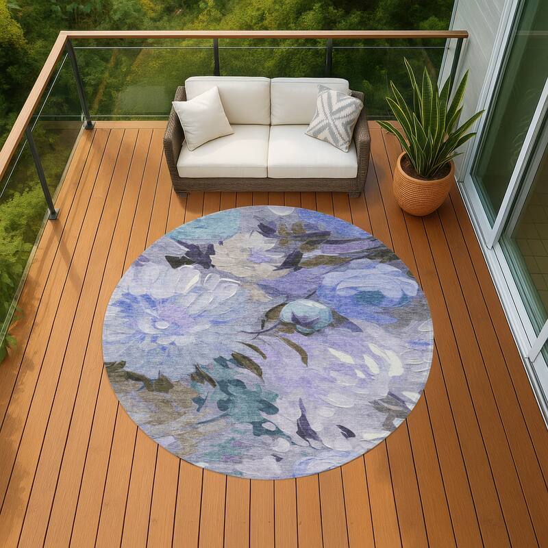 Machine Washable Indoor/ Outdoor Watercolor Floral Chantille Rug - Purple - 8' x 8'