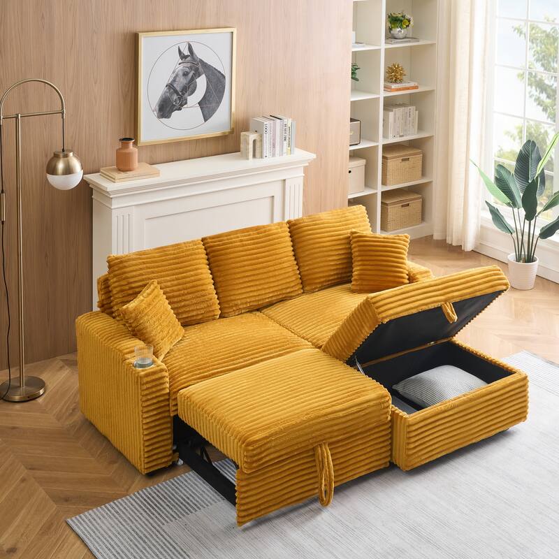 Multi-Function Corduroy Sectional Sofa Hidden Reclining Couch with Storage Ottoman Chaise Lounge, Pillows and Cup Holders - Orange
