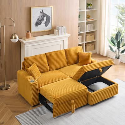 Multi-Function Corduroy Sectional Sofa Hidden Reclining Couch with Storage Ottoman Chaise Lounge, Pillows and Cup Holders