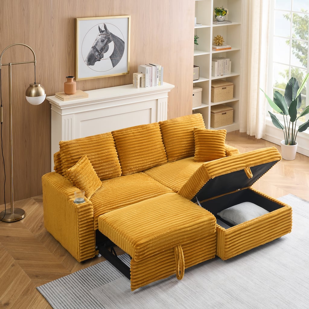 Multi-Function Corduroy Sectional Sofa Hidden Reclining Couch with Storage Ottoman Chaise Lounge, Pillows and Cup Holders