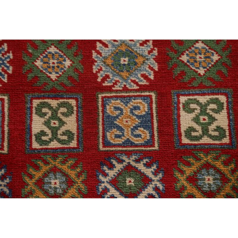 Red Geometric Traditional Kazak Oriental Wool Runner Rug Hand-knotted - 2'9" x 9'4"