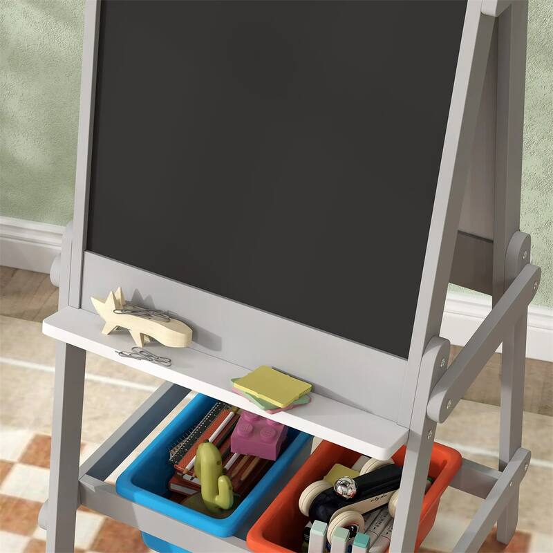 3-in-1 Kids Art Easel with Chalkboard Whiteboard Paper Roll Storage Boxes Pen Holder for Toddlers Ages 3-8 Gray
