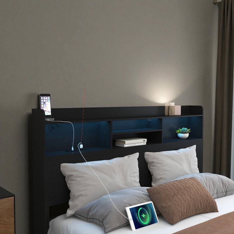 Bed Frame with 4 Storage Drawers, LED Headboard Shelf, Charging Station, No Noise Metal Platform Bed No Box Spring Needed