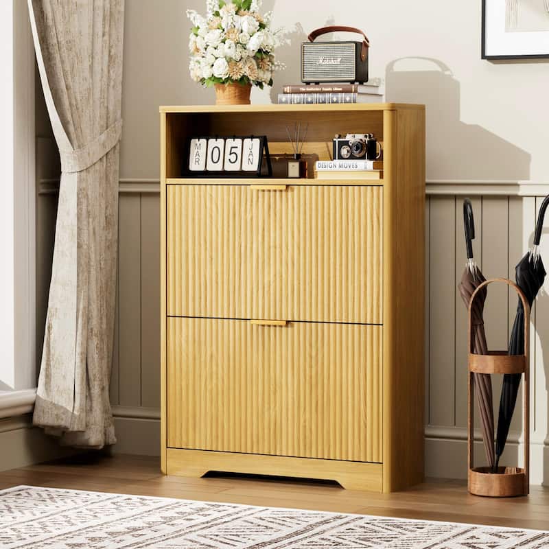 Shoe Cabinet Storage for Entryway Hidden Shoes Storage Cabinet with 2 Flip Drawers, Tall Free Standing Shoe Organizer Rack - Natural
