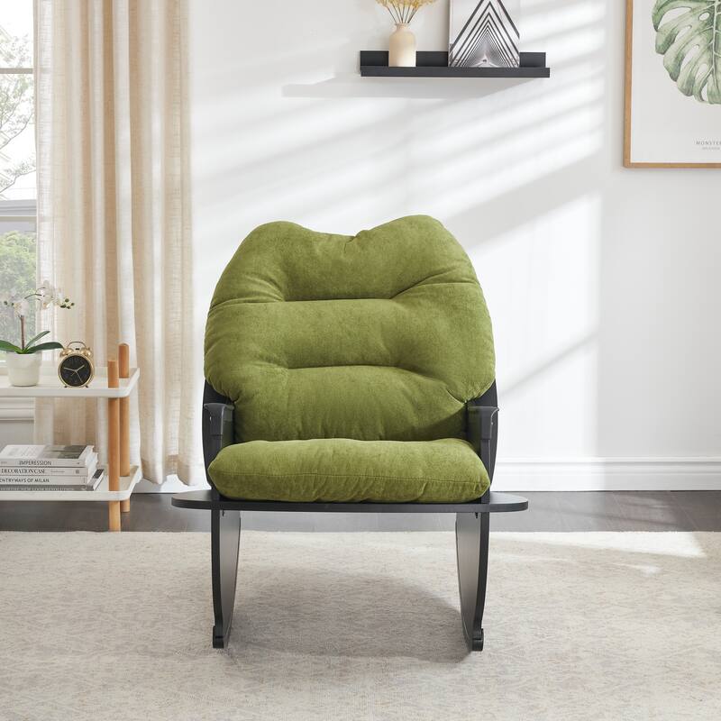 Mid Century Accent Rocker Armchair With Side Pocket, Upholstered Wooden Rocking Chair for Living Room Baby Kids Room Bedroom