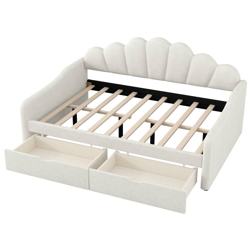 Full Size Shell-Shaped Backrest Upholstered Daybed with Optional Trundle or Drawers