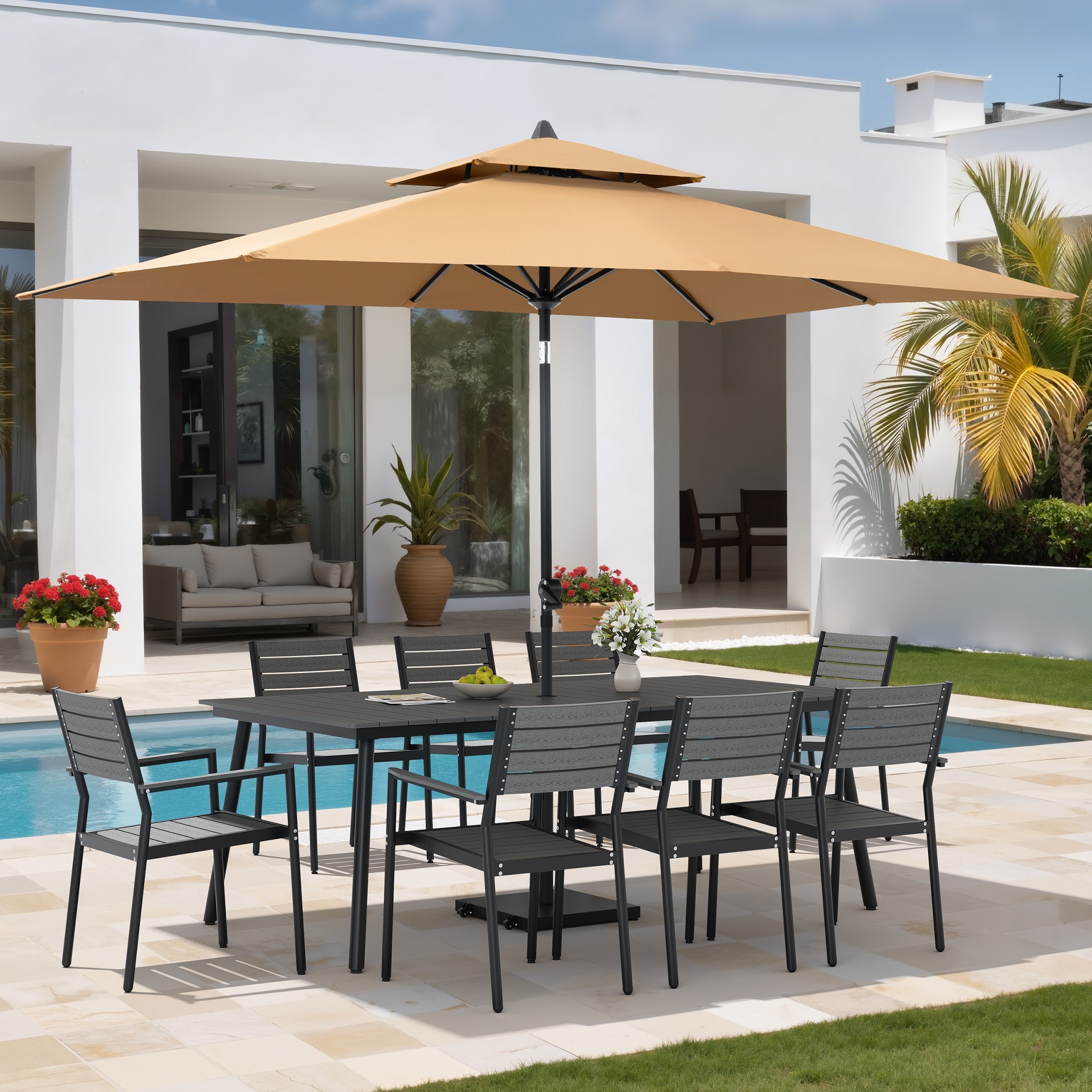 11PC Outdoor Patio Dining Set Wood-Like Aluminum Table with Stackable Armchairs,Double Top Market Umbrella and Wheel Base