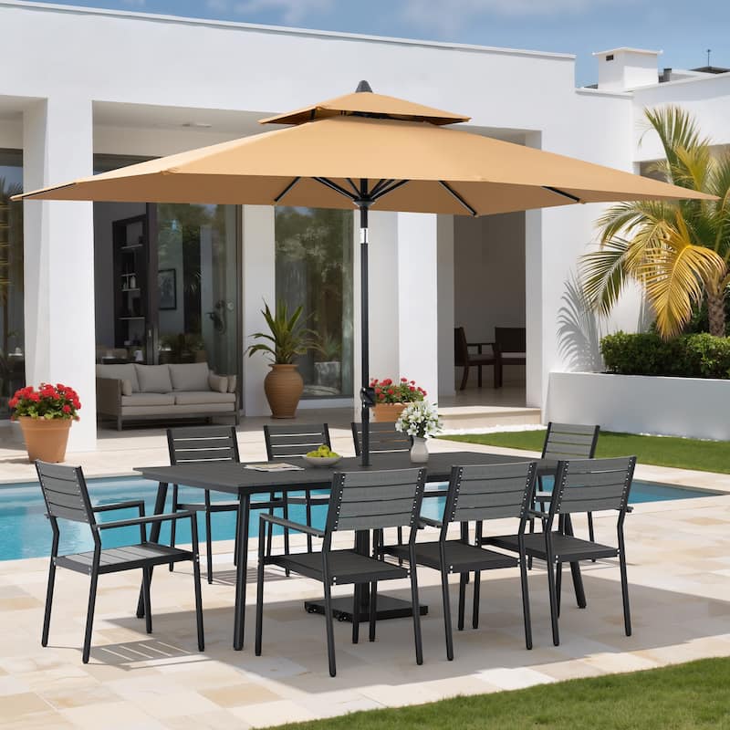 11PC Outdoor Patio Dining Set Wood-Like Aluminum Table with Stackable Armchairs,Double Top Market Umbrella and Wheel Base - GreyTable&GreyChairs&TanUmbrella