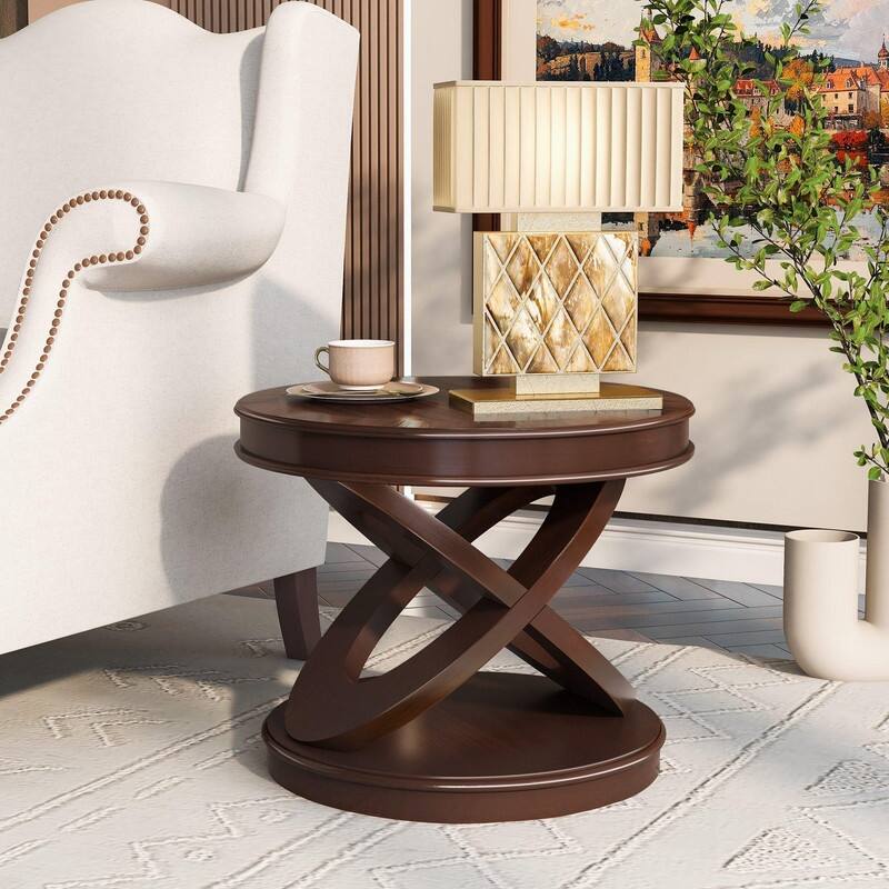 Retro Round Solid Wood End Table with X-Shape Base for Living Room Use - Walnut