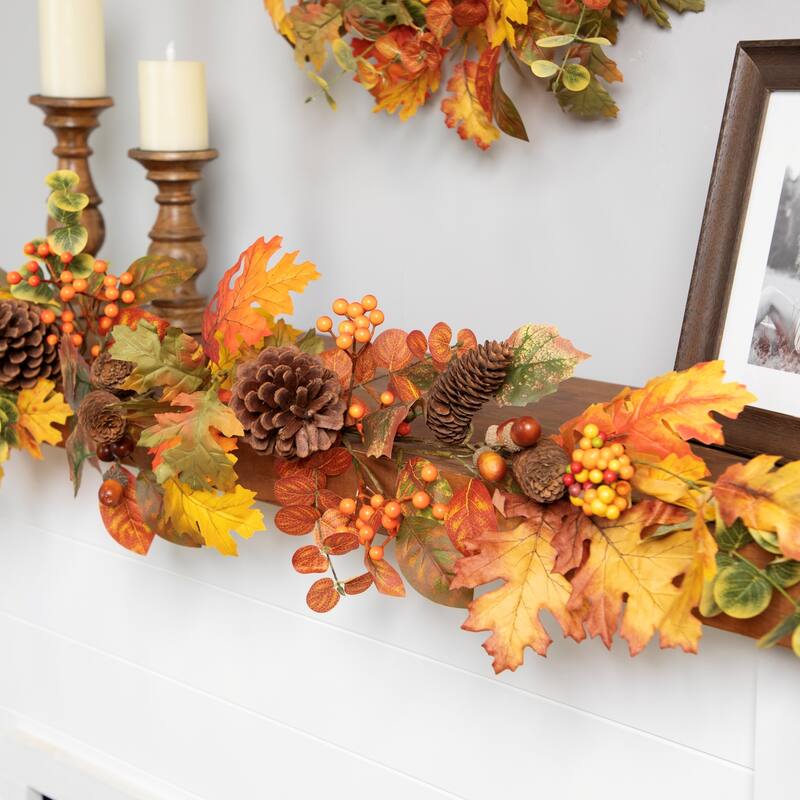 Acorns Pinecones and Mixed Autumn Foliage Artificial Fall Harvest Garland - 5' x 8" - 5' x 8"