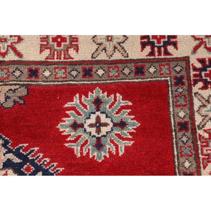 Kazak Accent Rug Hand-Knotted Red Geometric Wool Carpet - 3'4" x 5'0"