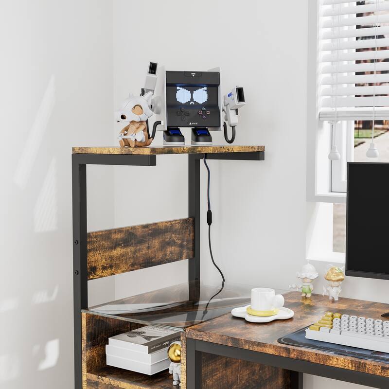 Computer Desk with Power Outlet & Reversible Shelves, Office Desk with USB Ports Charging Station & LED Lights