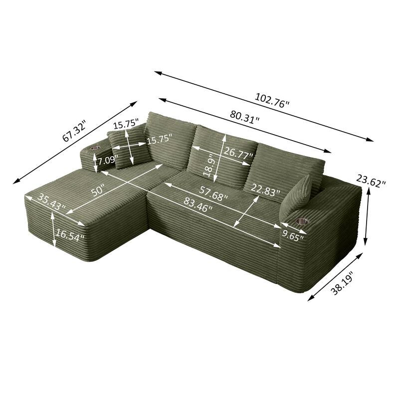 102.76" Corduroy Cloudy L Shaped Sofa with Chaise