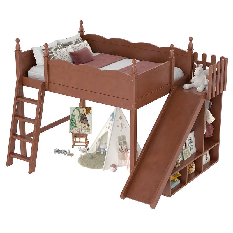 Full Loft Bed with Storage Shelves and Wardrobe, Solid Wood Loft Beds with Detachable Slide and Ladders, No Spring Box Needed