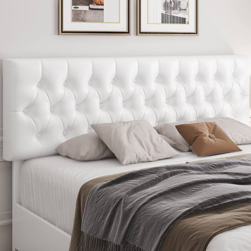 Modern Upholstered Bed Frame with 4 Drawers, Button Tufted Headboard Design, Solid Wooden Slat Support, Easy Assembly