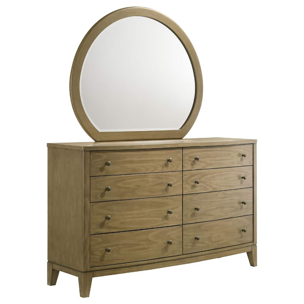 Heon Wide Dresser with Mirror, 8 Drawers, Natural Brown Wood Frame
