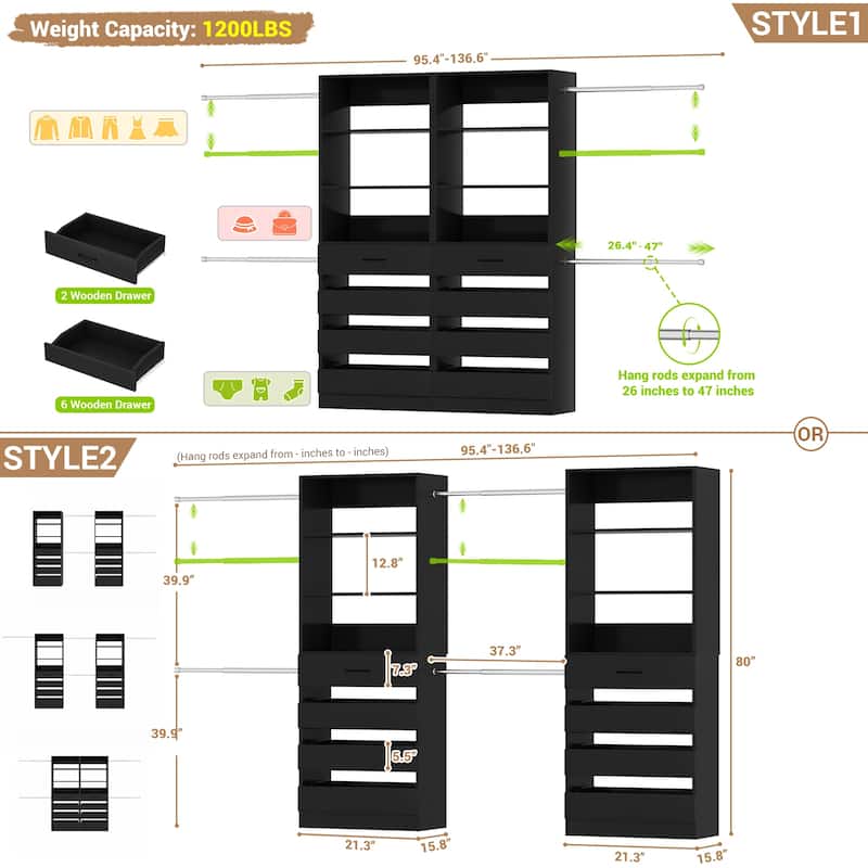 Qvella 95''-136'' W Closet System with 8 Wooden Drawers and 4 Hanging Rods, Walk-in Closet Organizer with 6 Storage Shelves