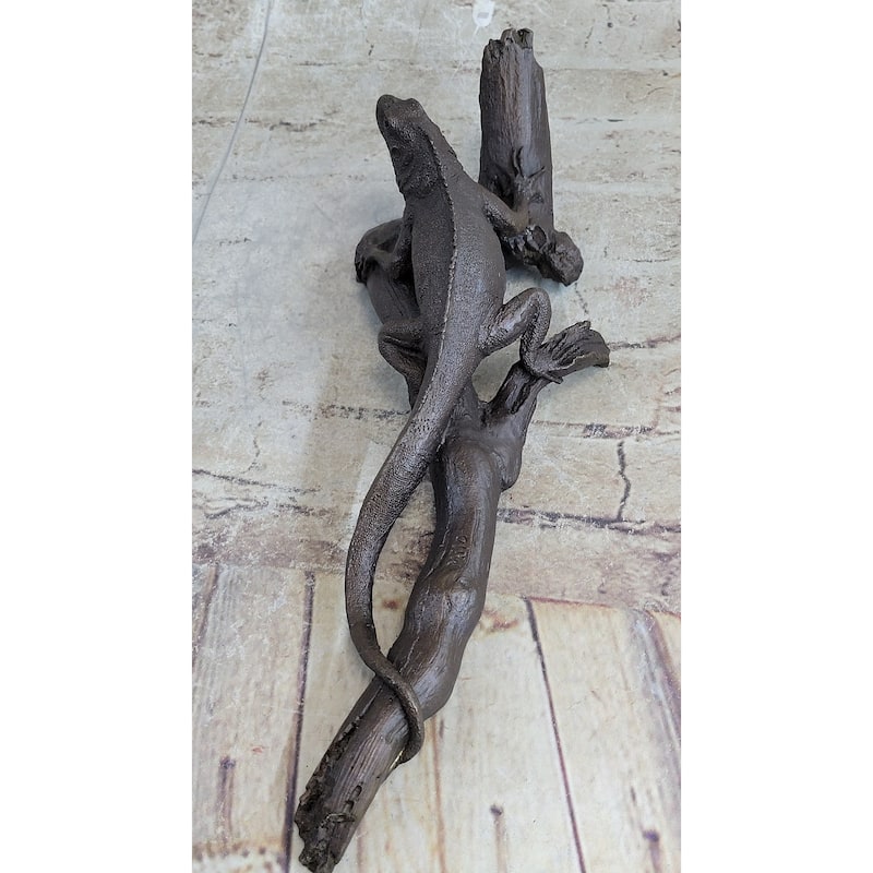 Bronze Iguana On Tree Branch Sculpture Hand Made Clic Reptile Artwork Statue