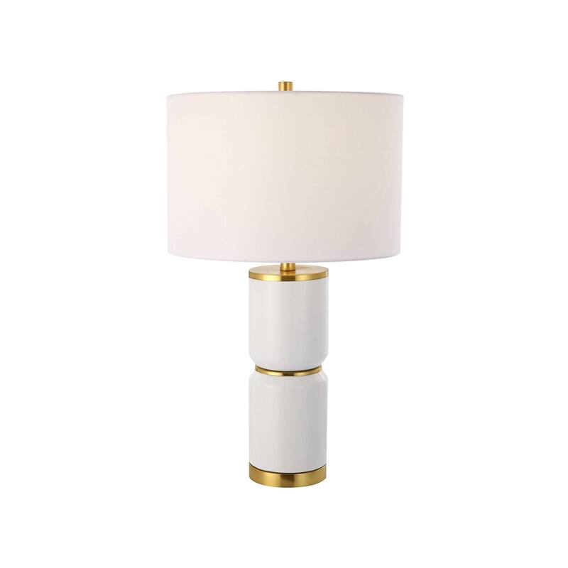 Table Lamp, Linen Drum Shade, Gold Accent White Ceramic Base, 26 Inch