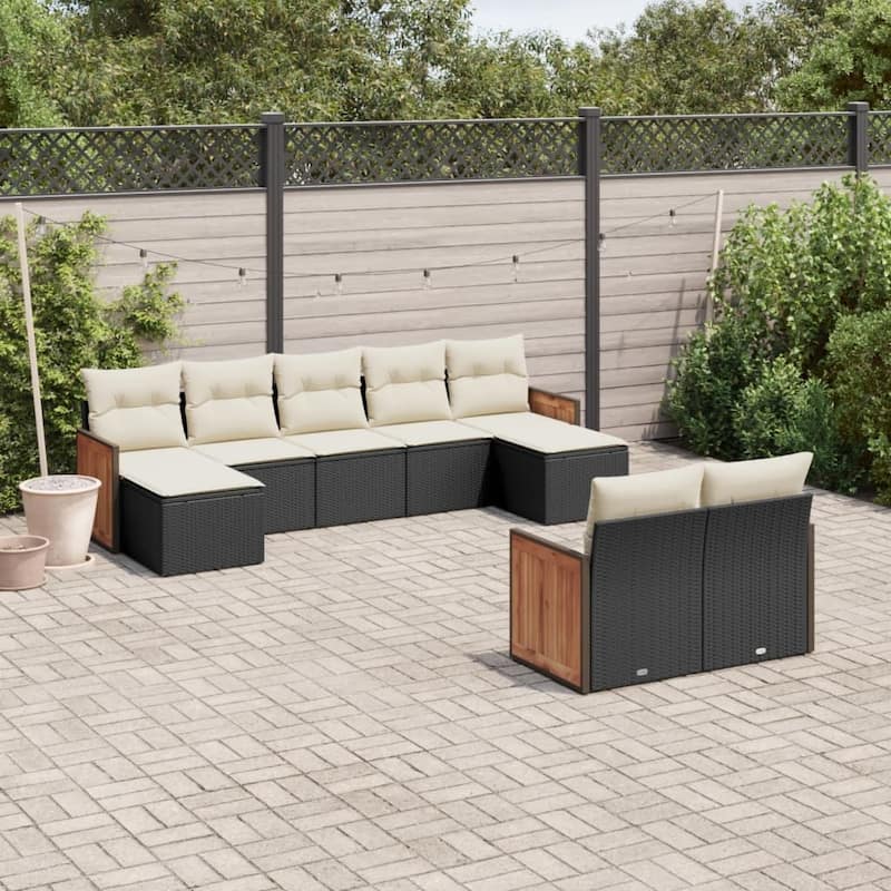 vidaXL Patio Sofa Set with Cushions Outdoor Conversation Furniture Poly Rattan - Black and Cream - 21.7 x 21.7 x 14.6