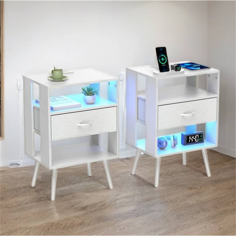 2 Pack Modern LED Nightstand with Charging Station and Fabric Drawers