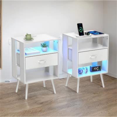 2 Pack Modern LED Nightstand with Charging Station and Fabric Drawers