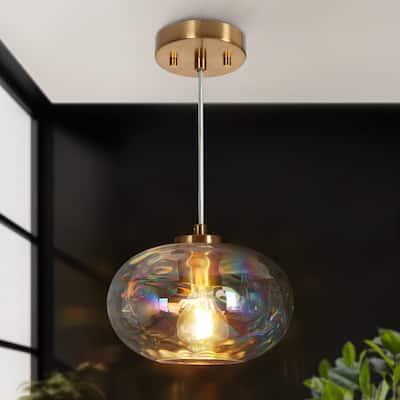 Modern Gold 1-Light Iridescent Textured Glass Pendant Light for Kitchen Island Dining Room - D8.3" x H66" Max