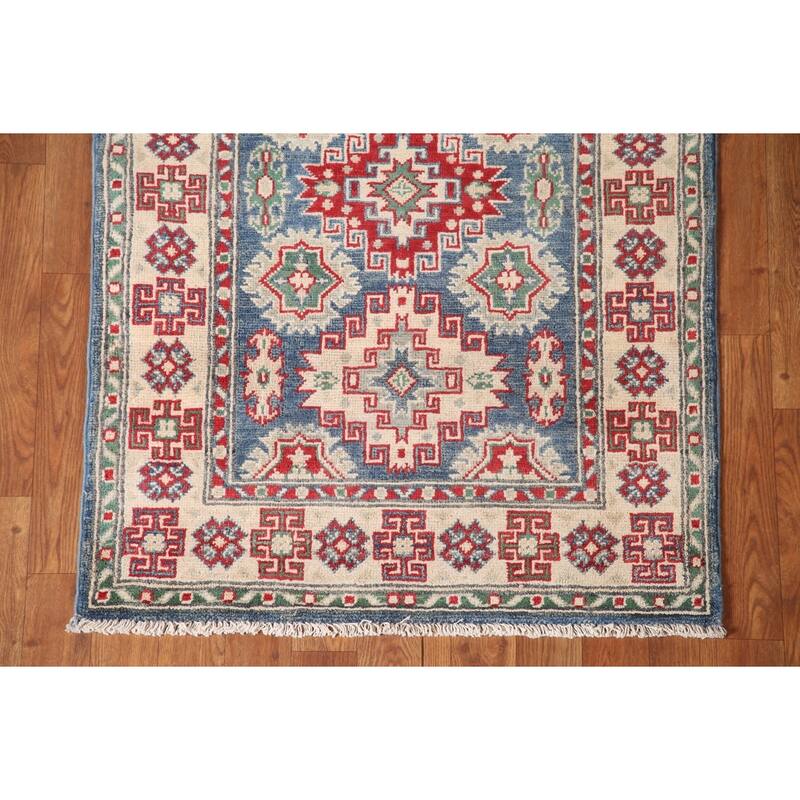 Blue Geometric Kazak Runner Rug Handmade Oriental Wool Carpet - 2'8" x 12'7"