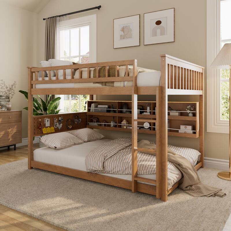 Wooden Full Over Full Bunk Bed Frame for Kids with Integrated Shelving, Light Strip, Pegboard, Full-Length Guardrails and Ladder