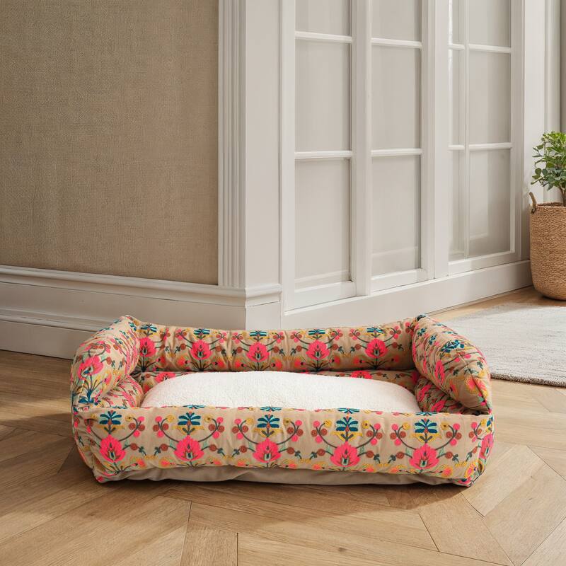 Cotton and Sherpa Pet Bed with Floral Design - 39.0"L x 26.0"W x 10.8"H - Pink