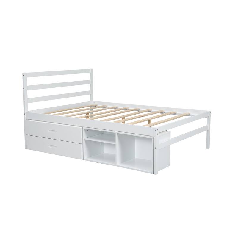 Full Platform Bed with Removable Shelves and Two Drawers, Sturdy Wood Frame for Extra Storage, Modern Look
