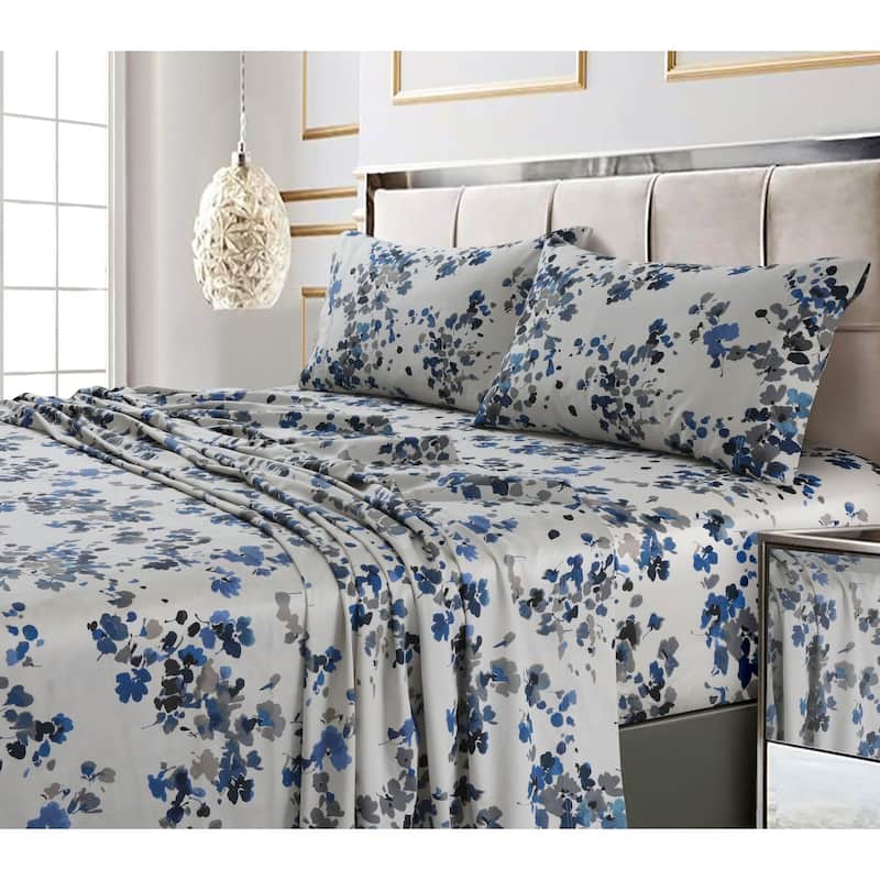 300 Thread Count Cotton Ultra-soft Printed Deep Pocket Bed Sheet Set - King - lisbon blue-multi
