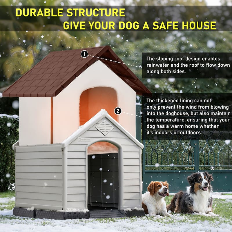 BOSSIN Insulated & Waterproof Dog House, Indoor/Outdoor Puppy Shelter with Elevated Floor & Liner for All Size Dogs