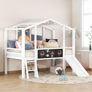 White Twin Size Loft House Bed with Ladder and Slide, Blackboard and Light Strip on The Roof