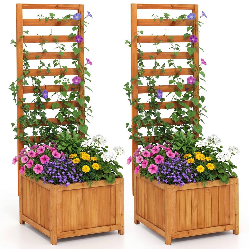 Gymax 2PCS 48'' Wood Raised Garden Bed w/Trellis Drainage Holes & Gaps