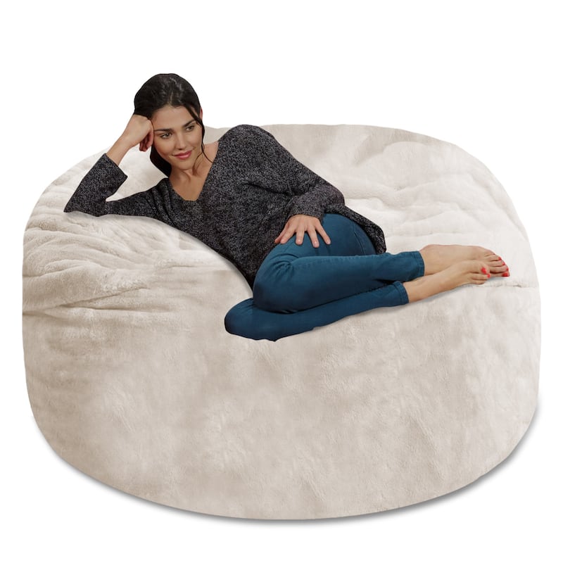 Bean Bag Chair 5-foot Memory Foam Removable Cover Bean Bags - Soft Faux Rabbit Fur Cover - Cream