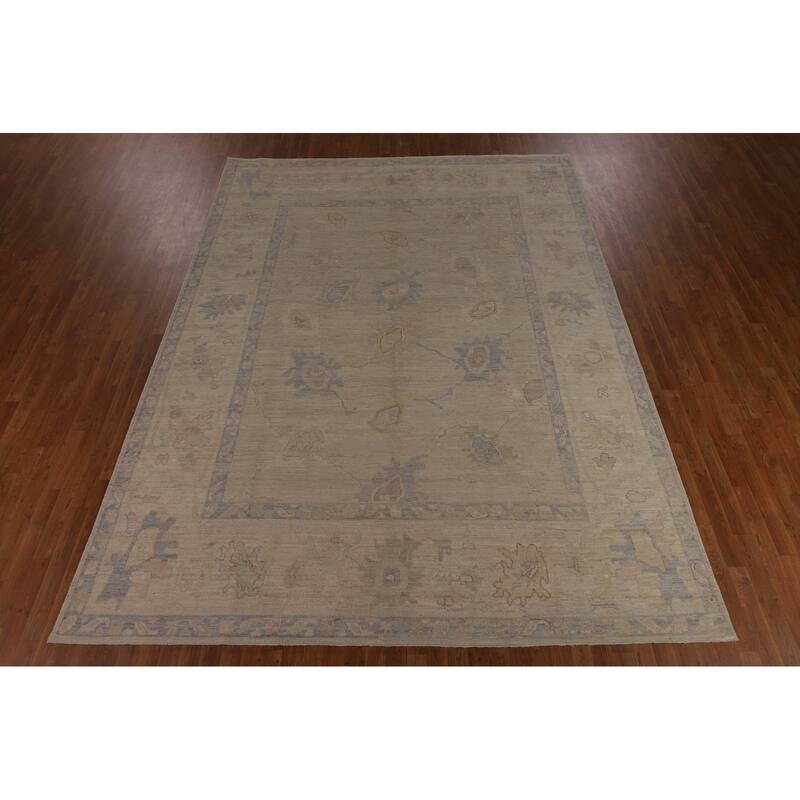 Vegetable Dye Beige Oushak Turkish Rug Handmade Wool Carpet - 9'1"x 12'3"