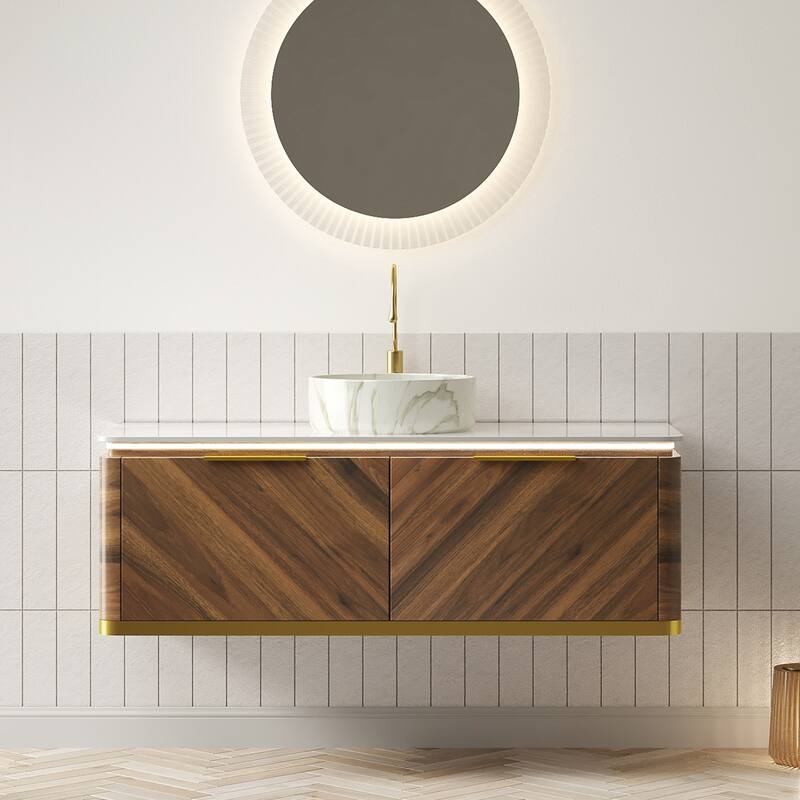 48" Bathroom Vanity with Vessel Sink Floating Storage Cabinet with Sensor Light and 2 Drawers, Pre-assembled - Dark Walnut-Round